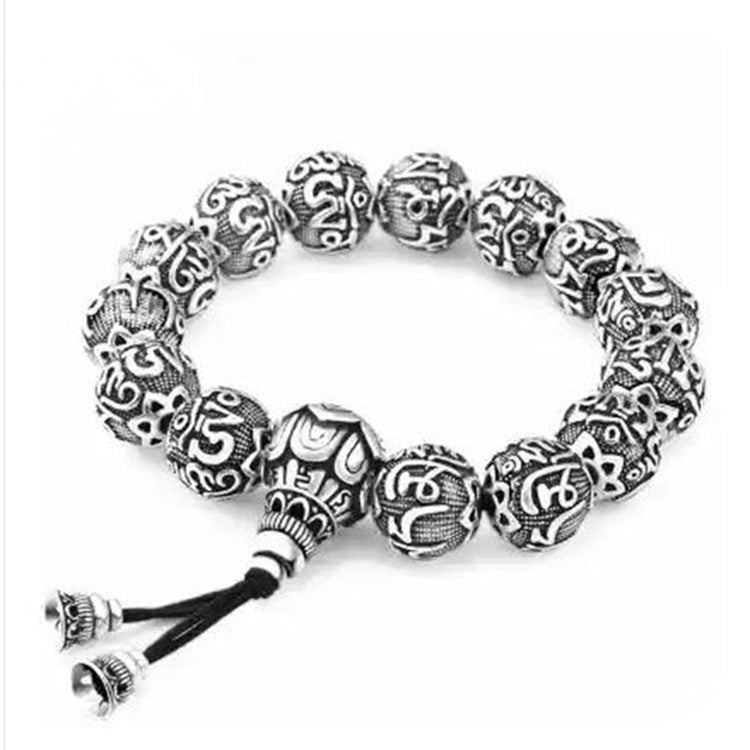 Retro Cold Wind Six True Words Thai Silver Buddhist Beads Men And Women Bracelet