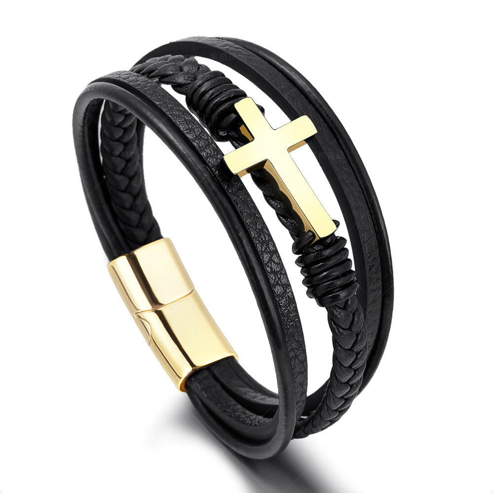 Stainless Steel Bracelet Men's Woven Simple Multilayer Leather