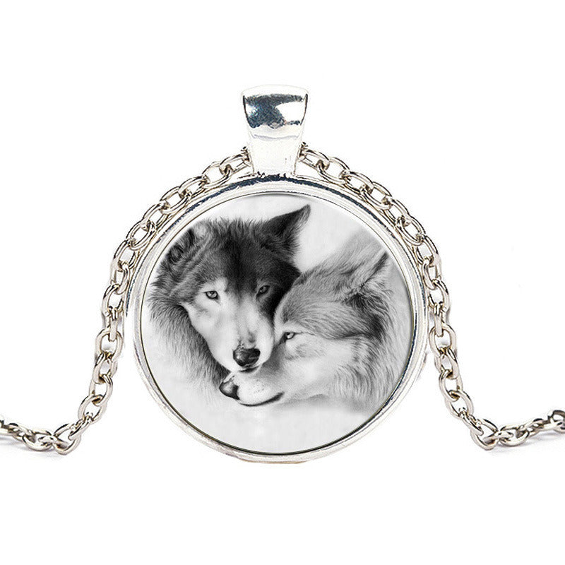 Black And White Double Wolf Alloy Pendant Time Stone Glass Necklace