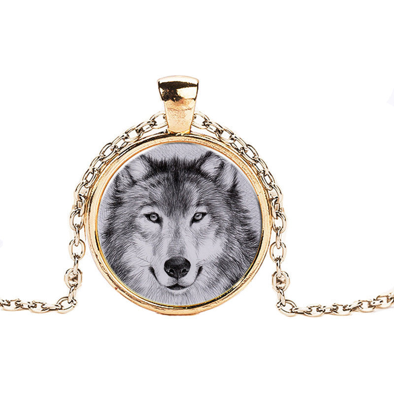 Black And White Double Wolf Alloy Pendant Time Stone Glass Necklace