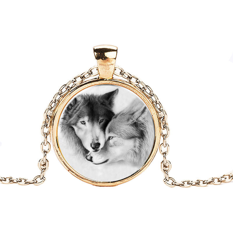 Black And White Double Wolf Alloy Pendant Time Stone Glass Necklace