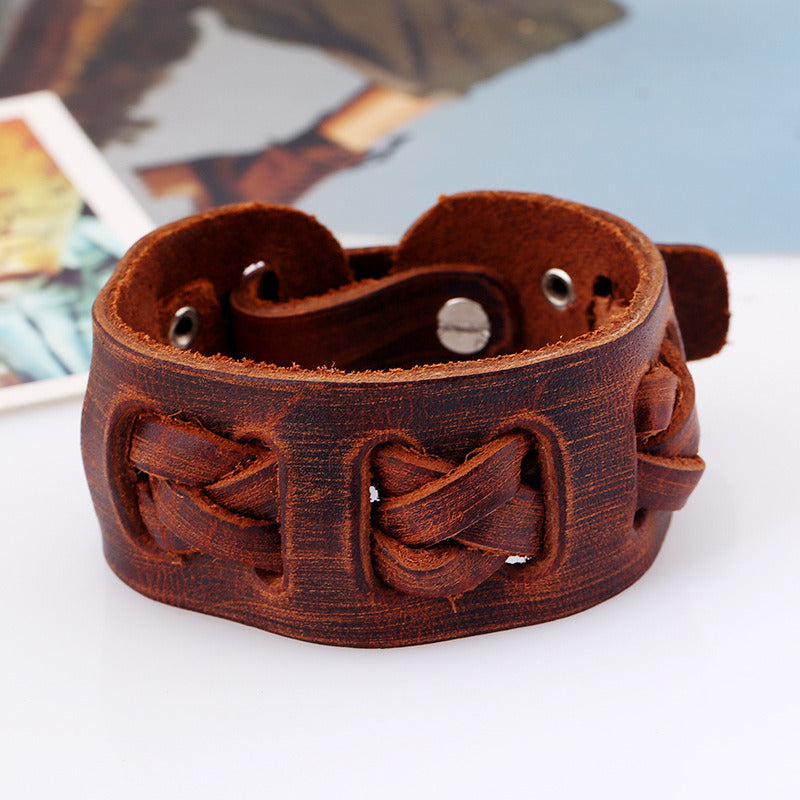 European And American Punk Vintage Men's Wide Leather Cattle Leather Bracelet