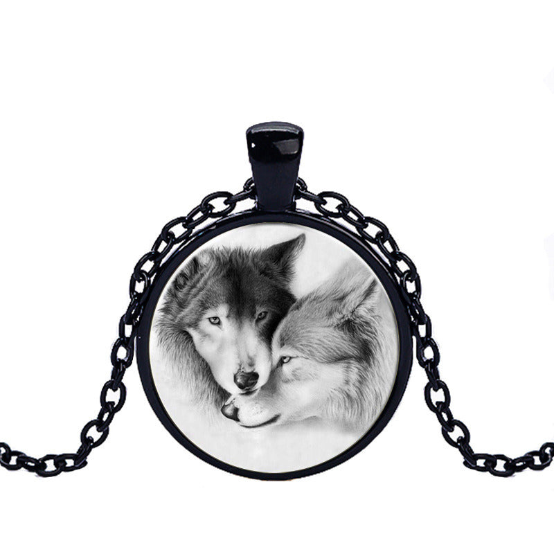 Black And White Double Wolf Alloy Pendant Time Stone Glass Necklace