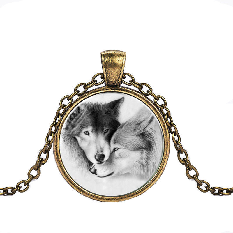 Black And White Double Wolf Alloy Pendant Time Stone Glass Necklace