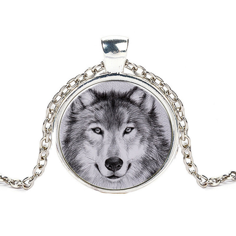 Black And White Double Wolf Alloy Pendant Time Stone Glass Necklace