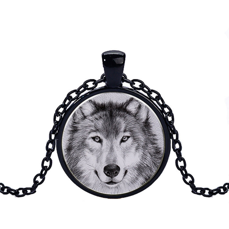 Black And White Double Wolf Alloy Pendant Time Stone Glass Necklace