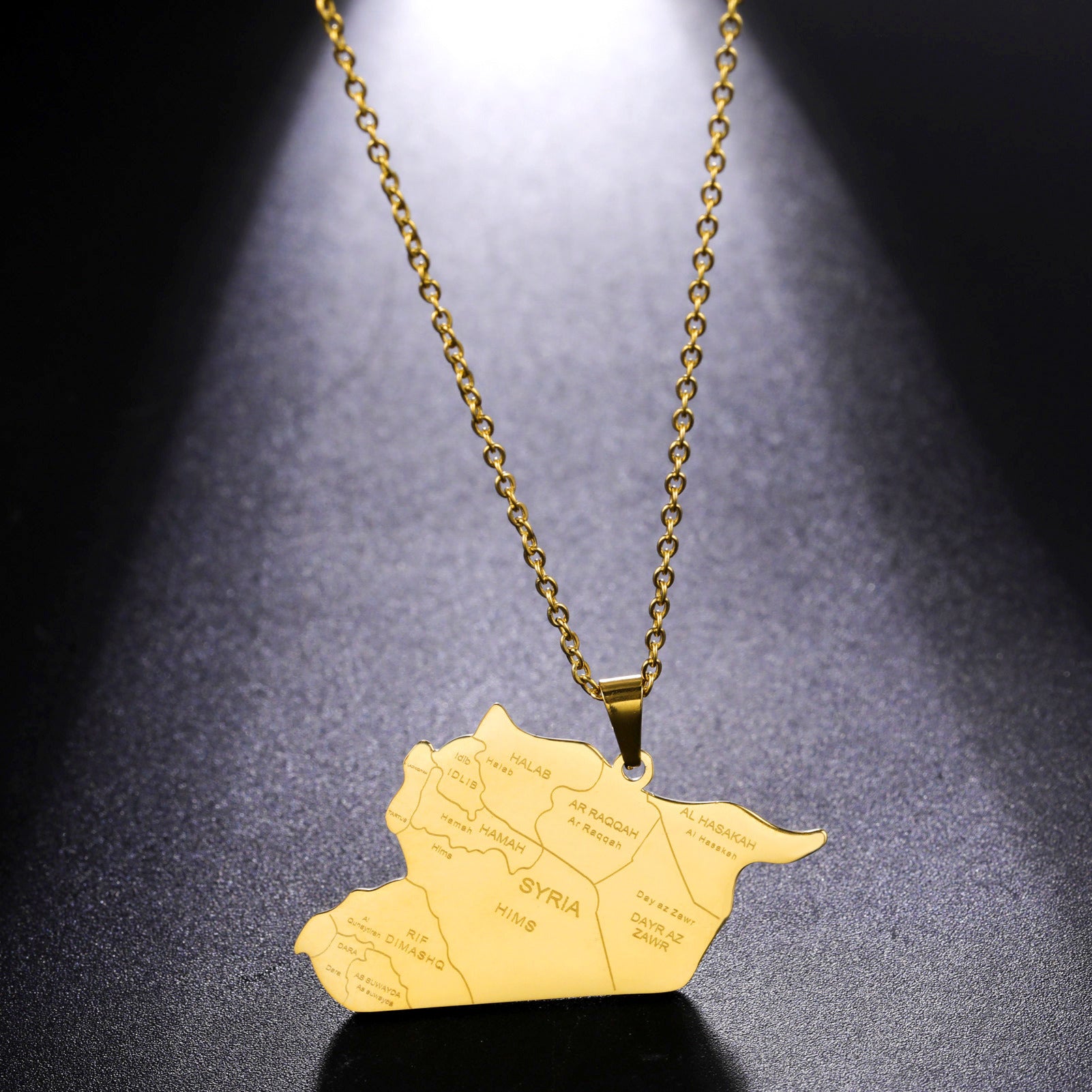 Fashion Versatile Laser Map Pendant Stainless Steel Gold Plated Necklace