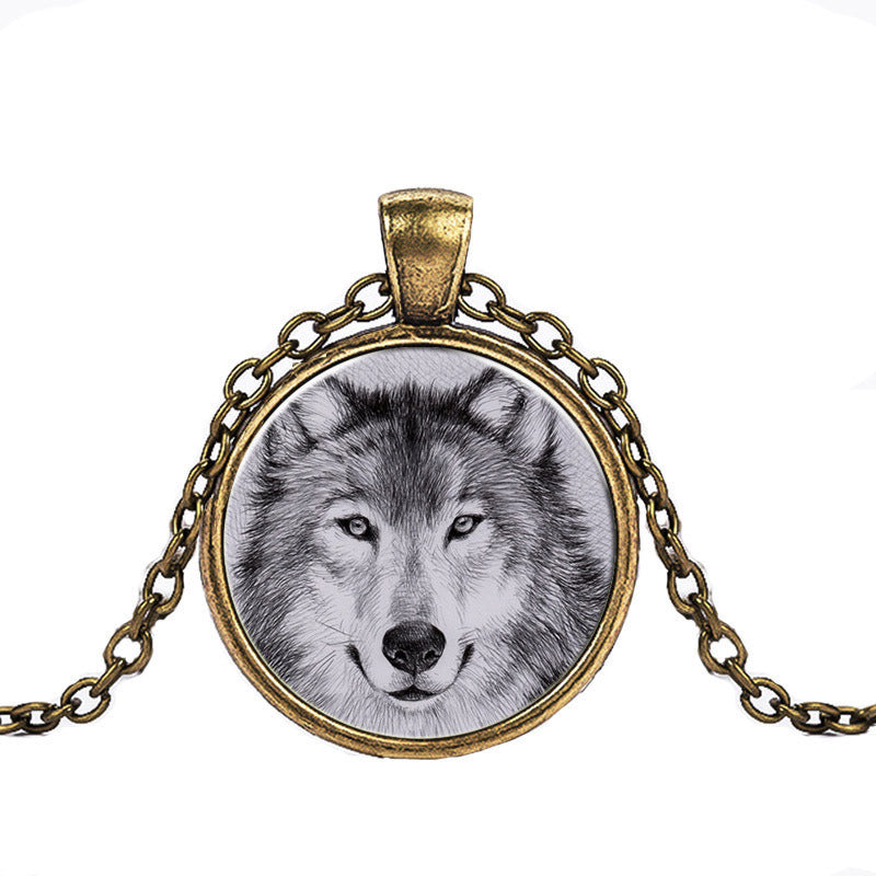 Black And White Double Wolf Alloy Pendant Time Stone Glass Necklace