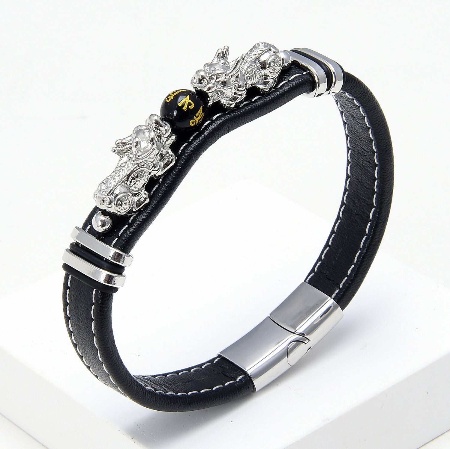 Single Layer Pixiu Stone Leather Rope Bracelet