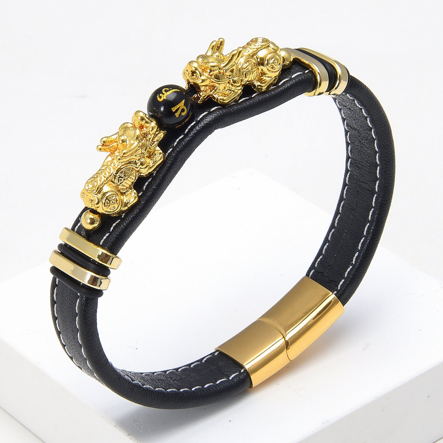 Single Layer Pixiu Stone Leather Rope Bracelet