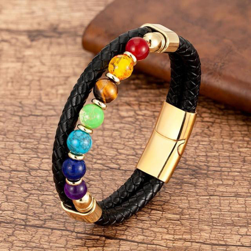 New European And American Fashion Men's Stone Leather Rope Magnetic Snap Beaded Bracelet