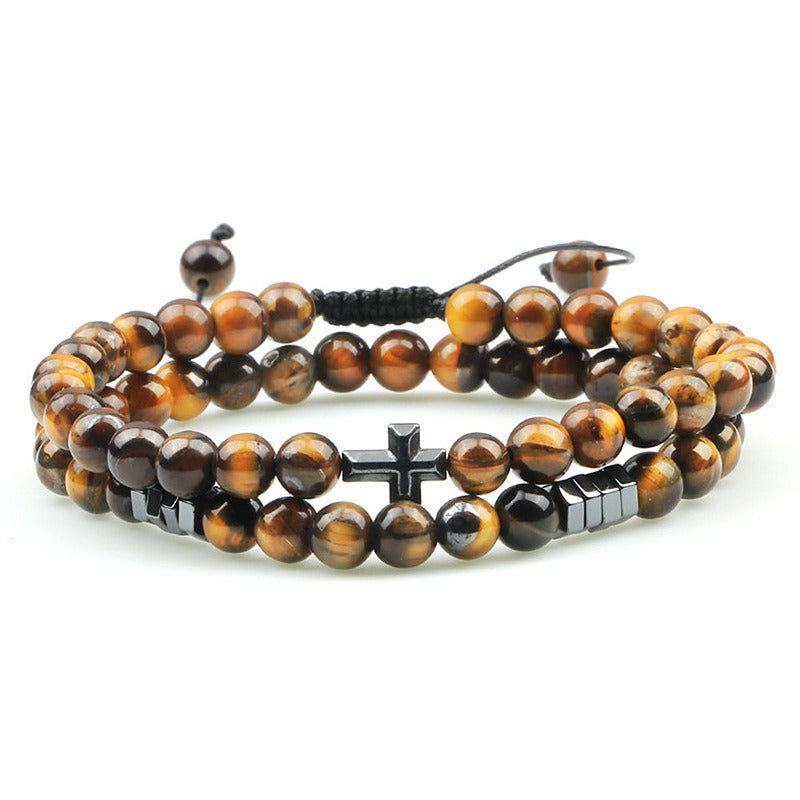 Cross Pendant Tiger Eye Stone Beaded Bracelet