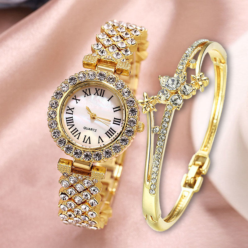 Fashion Luxury Diamond Quartz Watch Double-layer Diamond Bracelet 2PCs