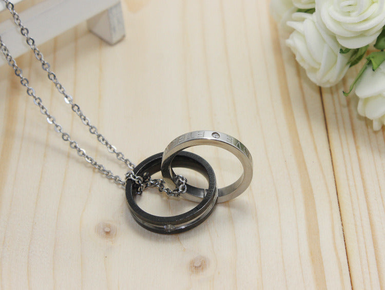 New Rhinestone Double Ring Titanium Steel Couple Necklace