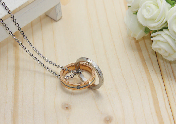 New Rhinestone Double Ring Titanium Steel Couple Necklace