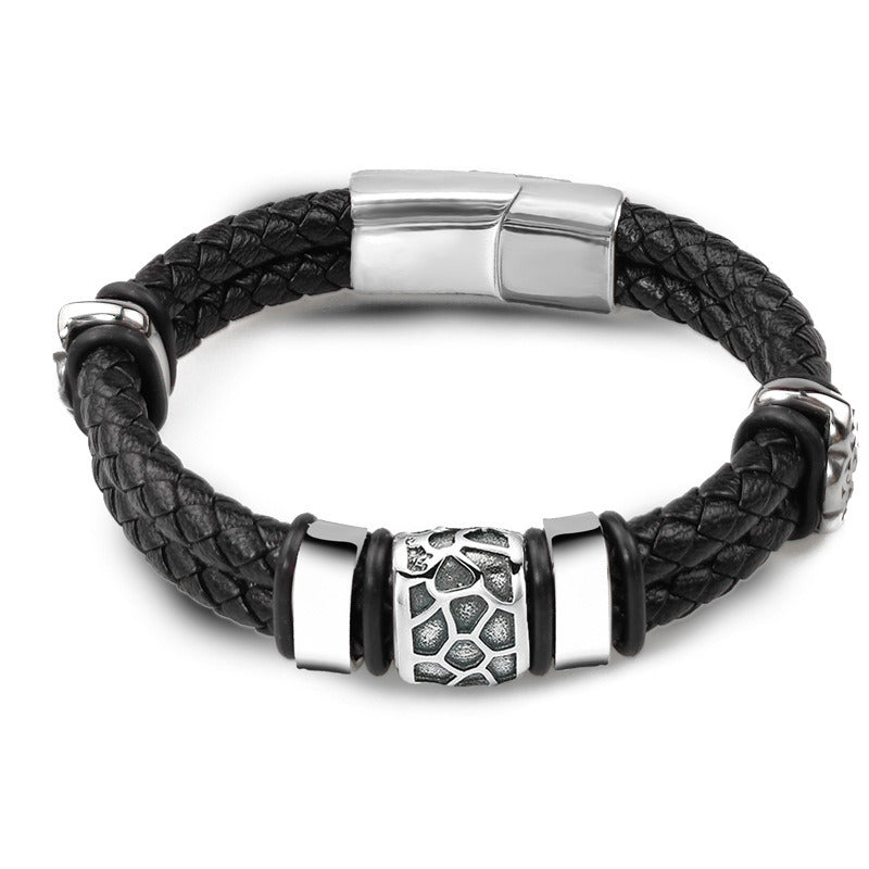 Fashion New Men's Minimalist Creative Vintage Genuine Leather Stainless Steel Bracelet