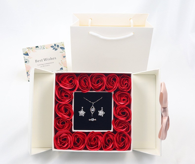 Rose Box Double Door Jewelry Box Valentine's Day Bow Gift Box Necklace Locket