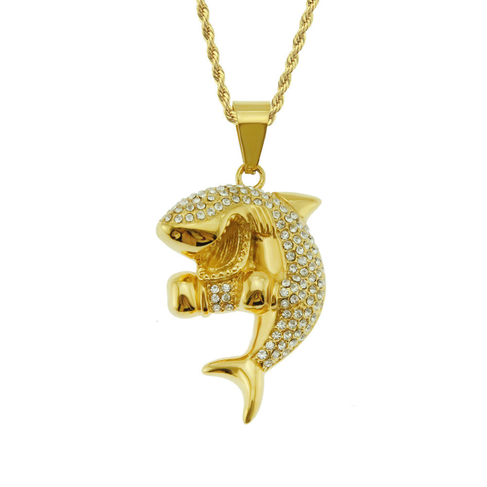 Men's And Women's Rhinestone-encrusted Boxing Shark-shaped Pendant Necklace