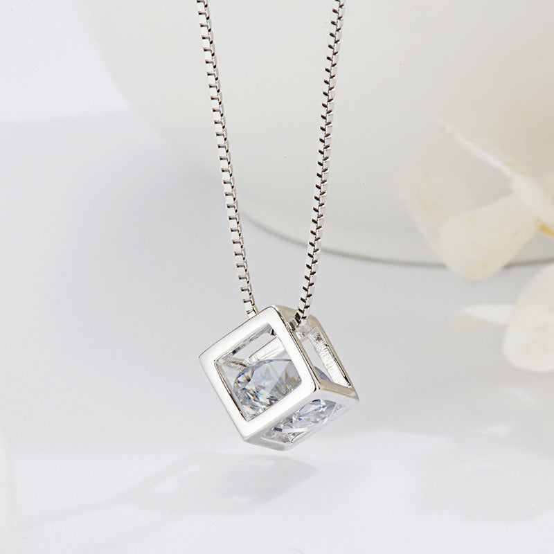 S925 Silver Love Cube Cubic Square Pendant Set Chain Girl