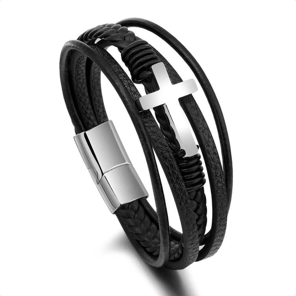 Stainless Steel Bracelet Men's Woven Simple Multilayer Leather