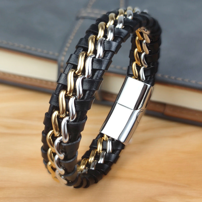 Brown Leather Bracelet Men's Steel Magnetic Buckle