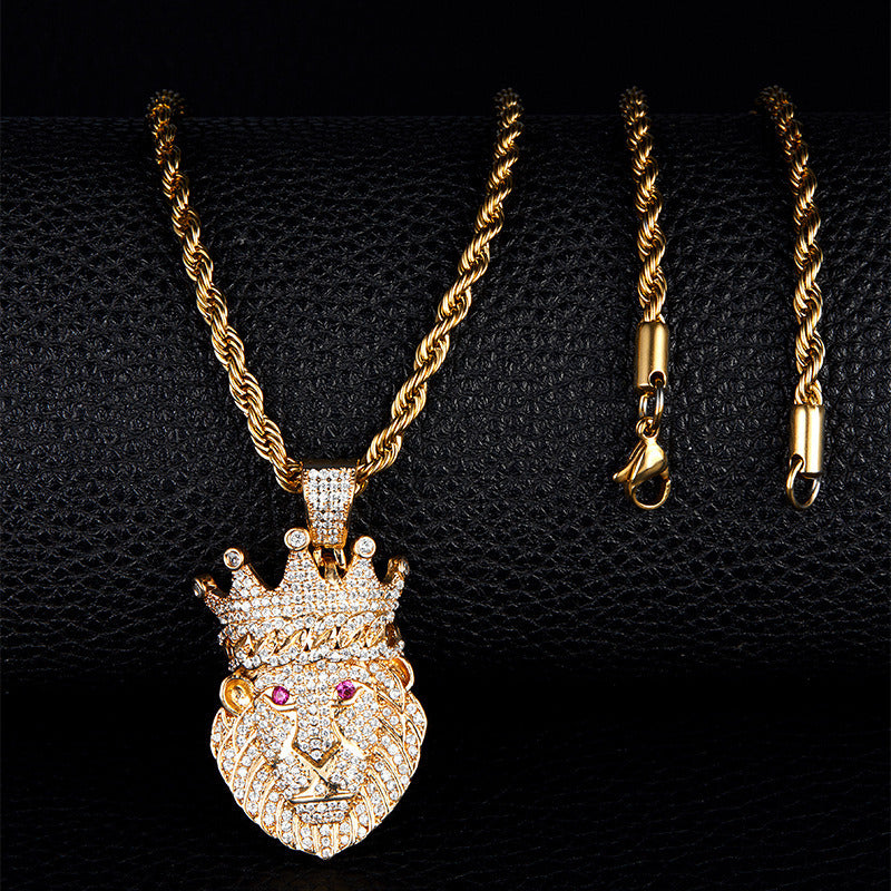 European Hip Hop Crown Zircon Pendant Electroplated Crown Necklace Combination Full Diamond