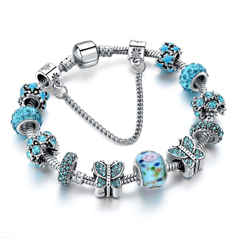 Women's Fashionable Alloy Lake Blue Diamond Butterfly Bracelet