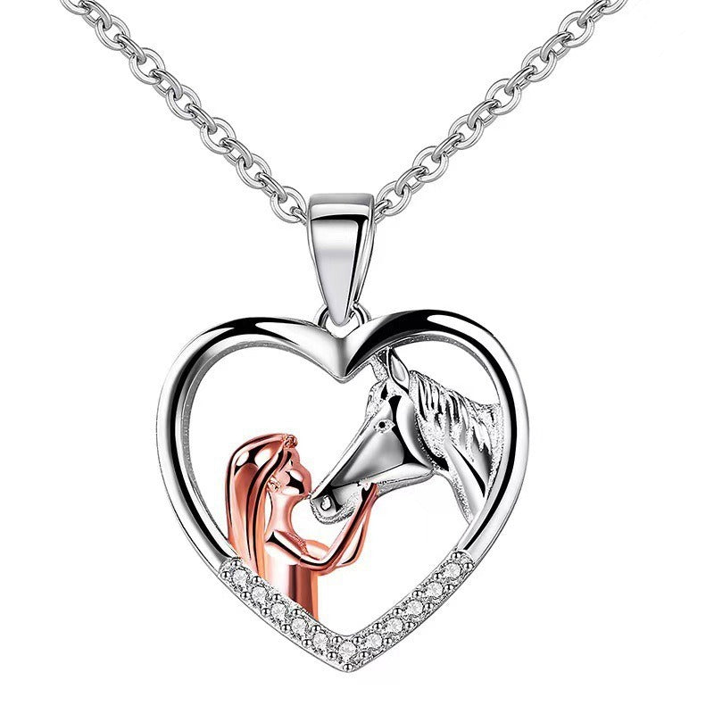 Girl And Horse Color Separation Heart Necklace European And American Stylish Clavicle Necklace Valentine Gift Pendant