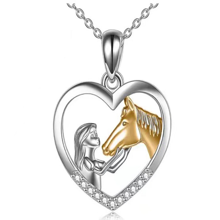 Girl And Horse Color Separation Heart Necklace European And American Stylish Clavicle Necklace Valentine Gift Pendant