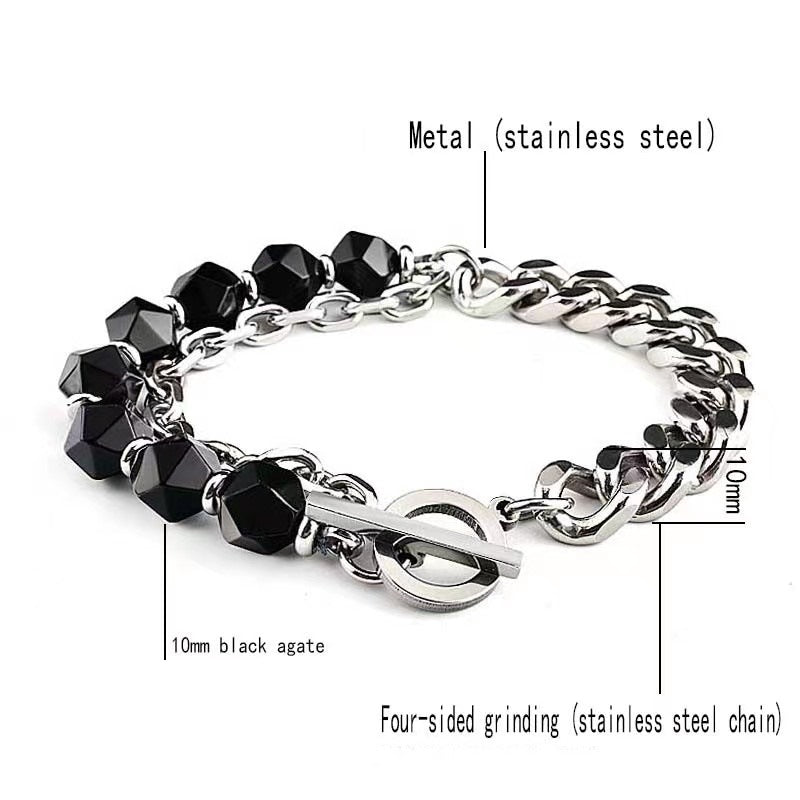 Personalized Fashion Stainless Steel Faceted Black Agate Bracelet