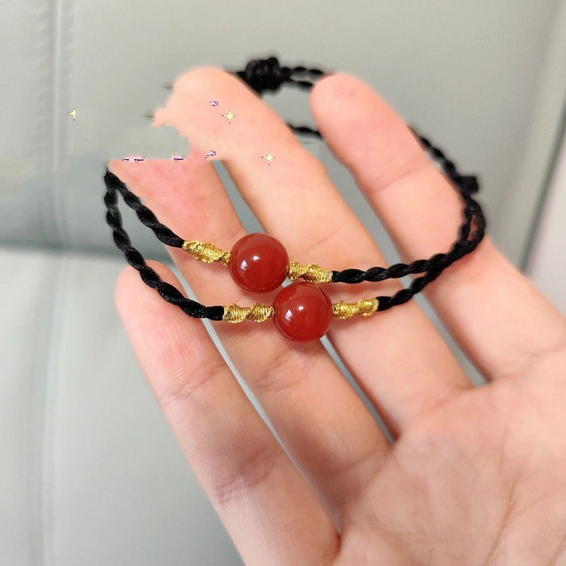 Handmade Red Bead Bracelet Black Rope Pendant