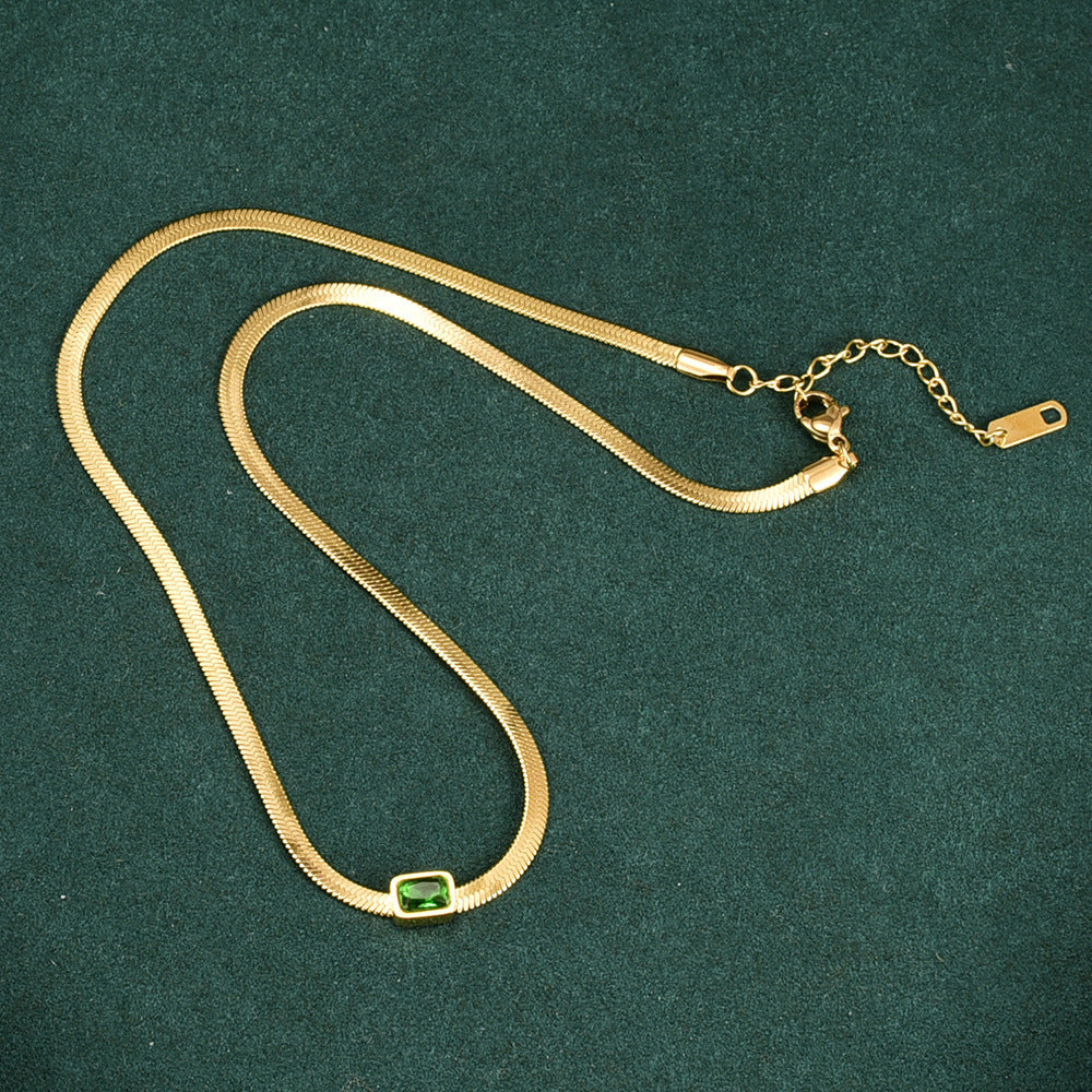 Square Green Crystal Flat Snake Bone Necklace Female Choker Clavicle Chain Retro Light Luxury