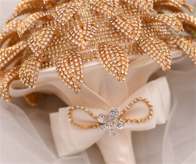 Handmade Rhinestone Gold Handheld Flower Bridal Wedding Bouquet