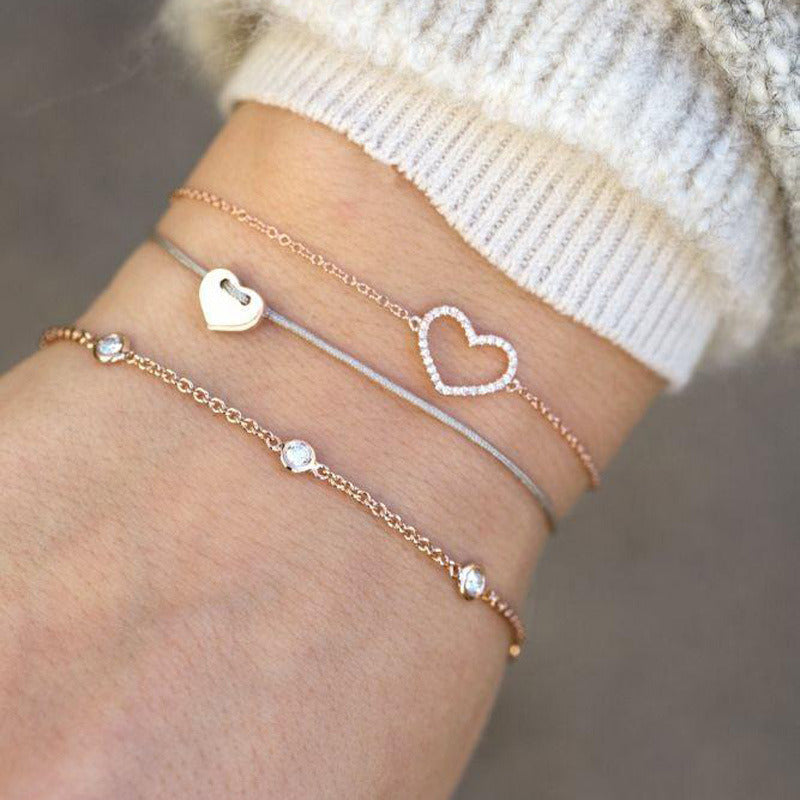 European American And Korean Sweet Style Popular Fashion New Fully Jeweled Loving Heart Peach Heart Multi-layer Women's Bracelet Combination Set