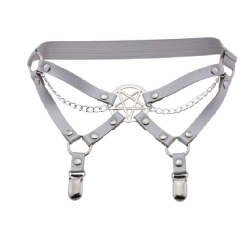 Gothic Pentagram Leather Thigh Ring Show Chain Elastic Garter