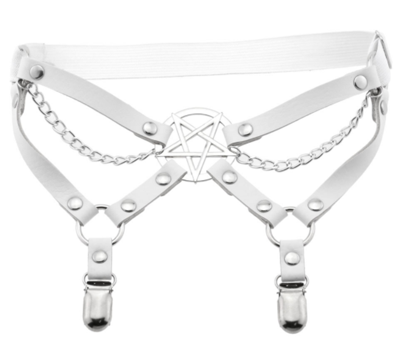 Gothic Pentagram Leather Thigh Ring Show Chain Elastic Garter