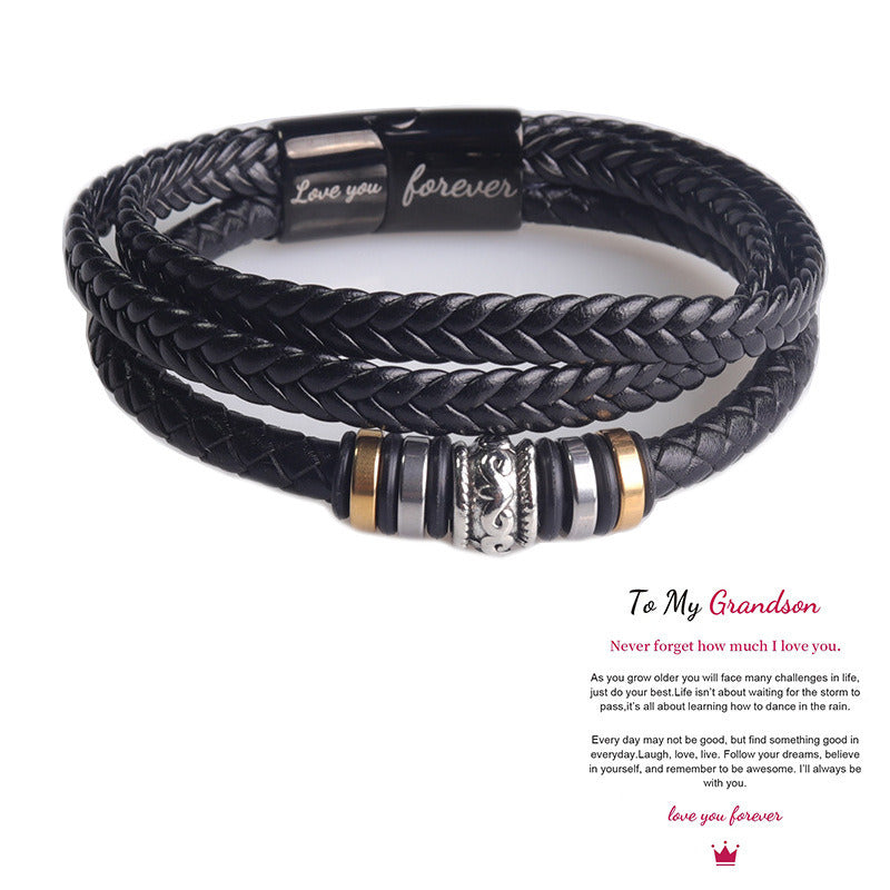 Laser Fashion Titanium Steel Leather Rope Alloy Three Layer Braided Bracelet