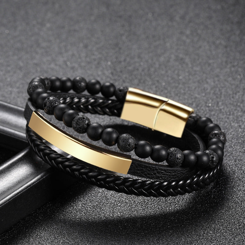 Multi-layer Leather Braided Bracelet Men's Punk Handmade Alloy Magnetic Snap Bracelet