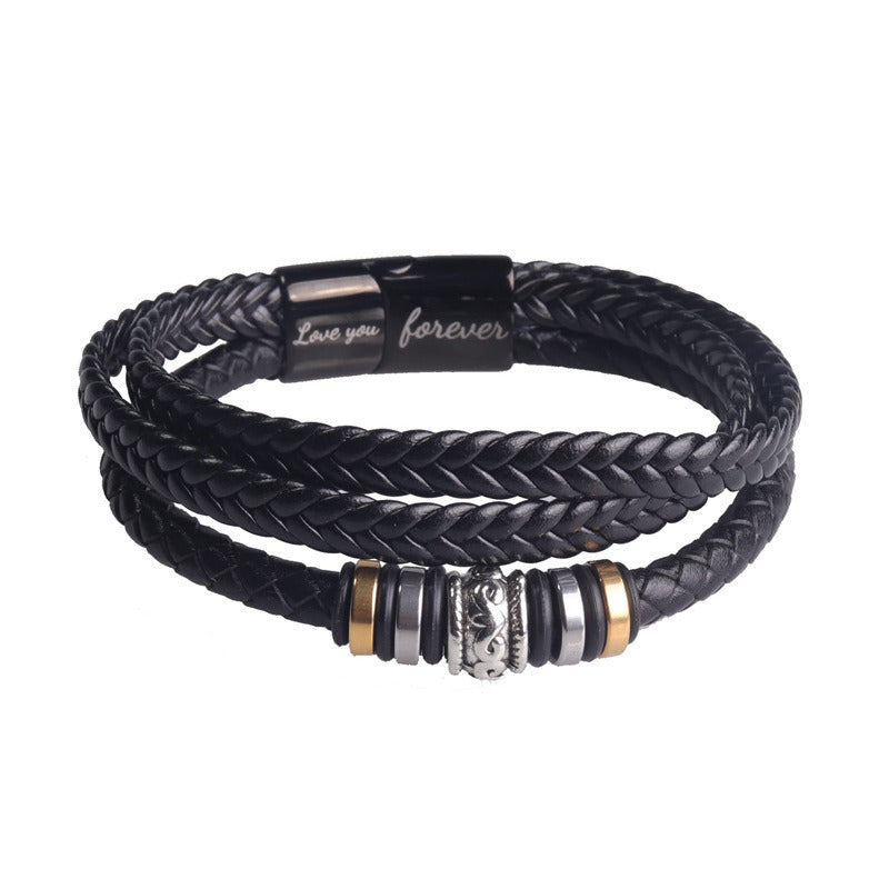 Laser Fashion Titanium Steel Leather Rope Alloy Three Layer Braided Bracelet