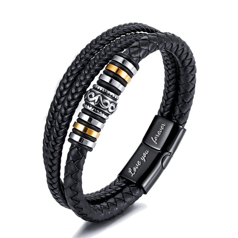 Laser Fashion Titanium Steel Leather Rope Alloy Three Layer Braided Bracelet