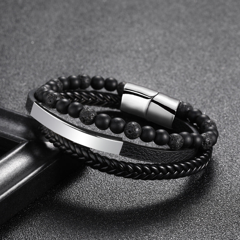 Multi-layer Leather Braided Bracelet Men's Punk Handmade Alloy Magnetic Snap Bracelet