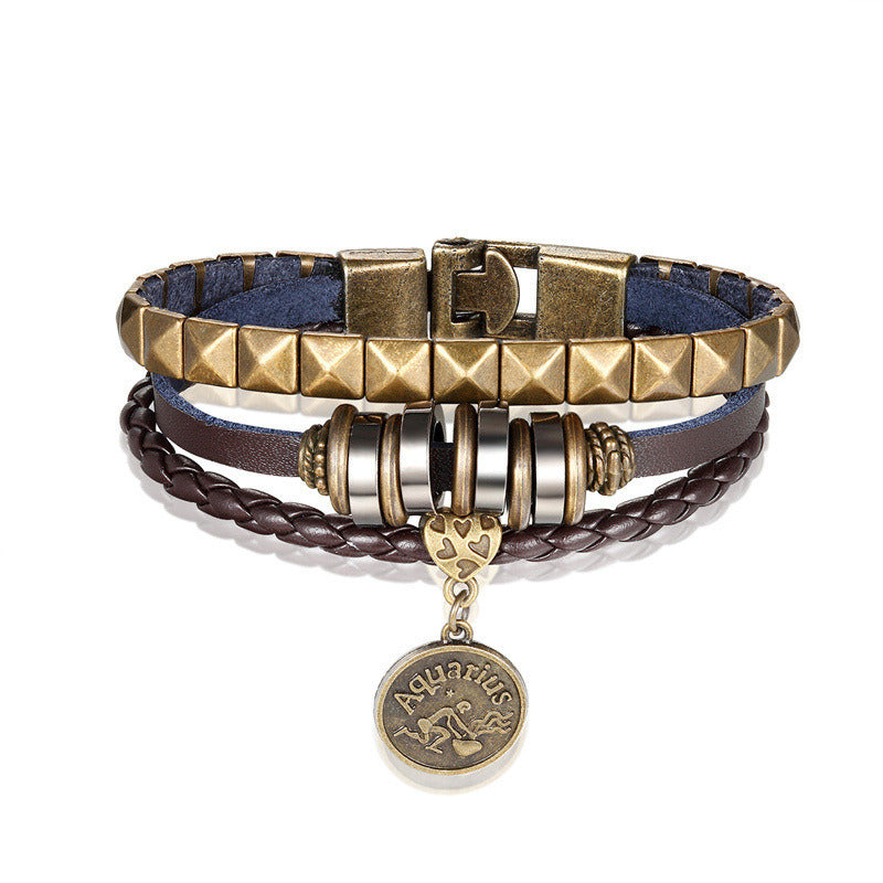 European And American Fashion 12 Constellation Trend Men's Bracelet Hand-woven Multi-layer Leather Metal Accessories