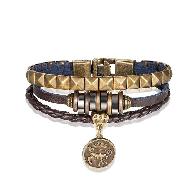 European And American Fashion 12 Constellation Trend Men's Bracelet Hand-woven Multi-layer Leather Metal Accessories