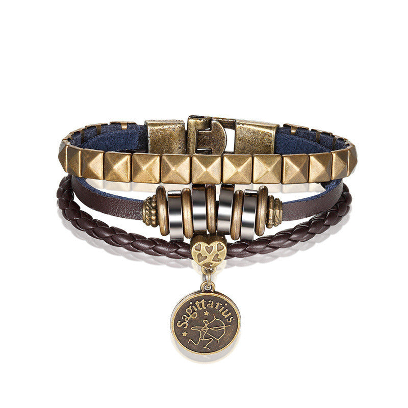 European And American Fashion 12 Constellation Trend Men's Bracelet Hand-woven Multi-layer Leather Metal Accessories