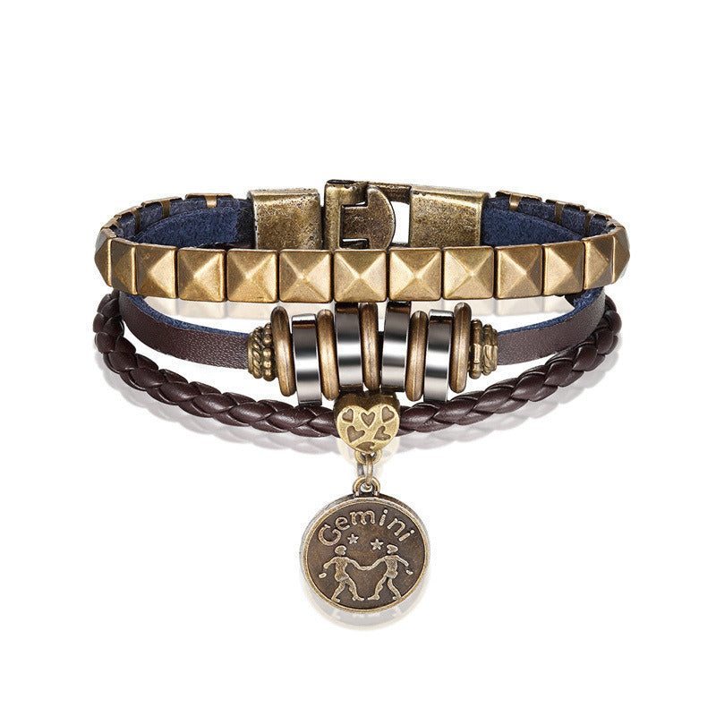 European And American Fashion 12 Constellation Trend Men's Bracelet Hand-woven Multi-layer Leather Metal Accessories