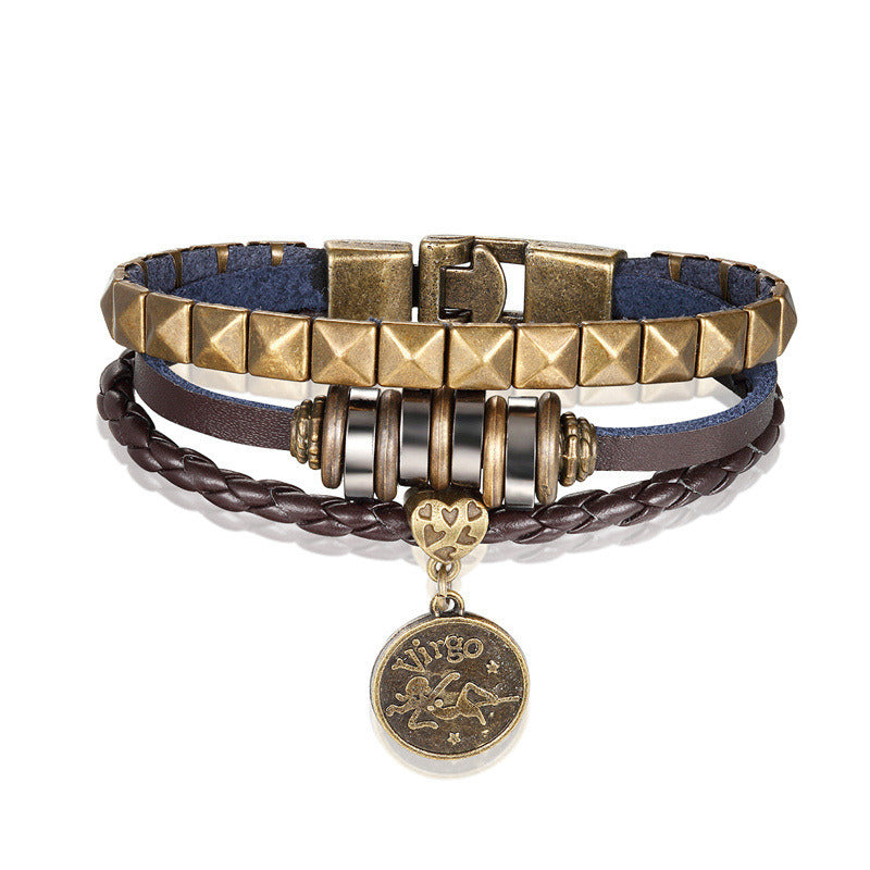 European And American Fashion 12 Constellation Trend Men's Bracelet Hand-woven Multi-layer Leather Metal Accessories