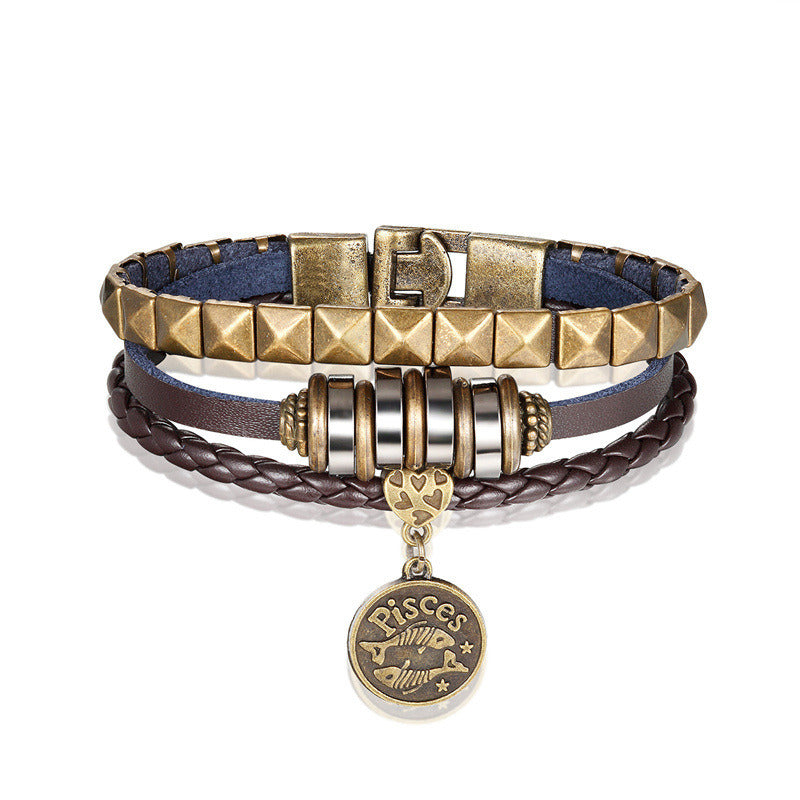 European And American Fashion 12 Constellation Trend Men's Bracelet Hand-woven Multi-layer Leather Metal Accessories