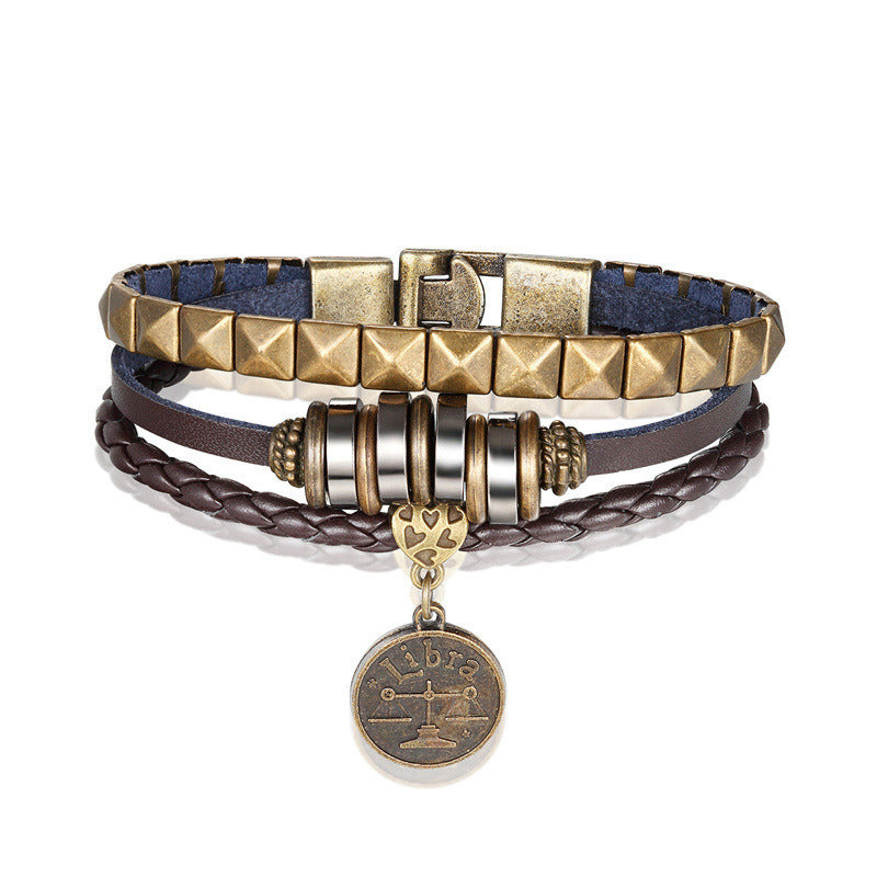 European And American Fashion 12 Constellation Trend Men's Bracelet Hand-woven Multi-layer Leather Metal Accessories