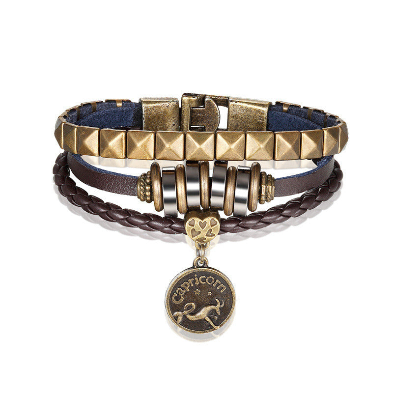 European And American Fashion 12 Constellation Trend Men's Bracelet Hand-woven Multi-layer Leather Metal Accessories