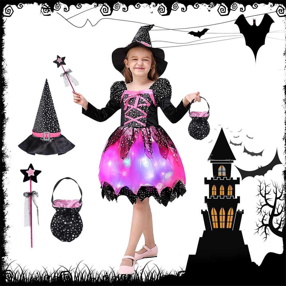 Girls' Light-Up Witch Costume 5-Piece Halloween Set Carnival Party